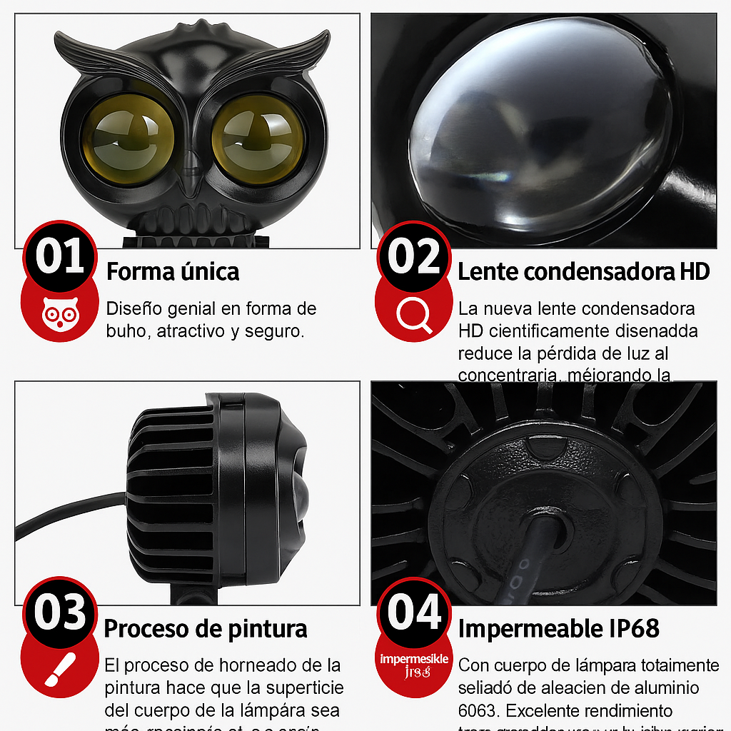 Oferta 2 x1 LUZ LED ANTI NEBLINA PARA MOTO BICOLOR ESTILO BÚHO-🦉 Luz de Motocicleta Doble Color YSY “Owl Light”  Blanco + Amarillo | Impermeable | 9–60V | Alta Potencia