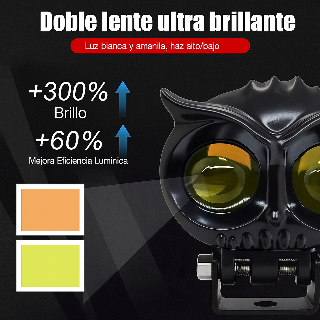 Oferta 2 x1 LUZ LED ANTI NEBLINA PARA MOTO BICOLOR ESTILO BÚHO-🦉 Luz de Motocicleta Doble Color YSY “Owl Light”  Blanco + Amarillo | Impermeable | 9–60V | Alta Potencia