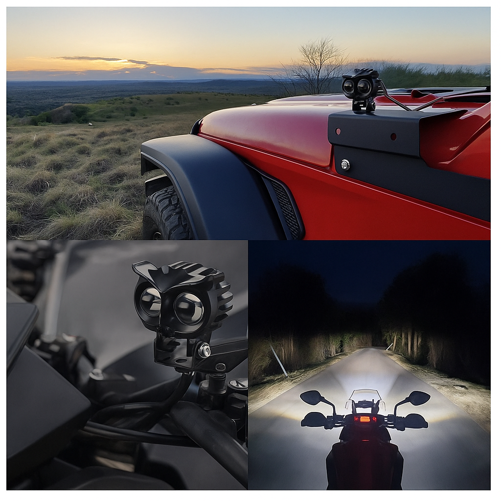 Oferta 2 x1 LUZ LED ANTI NEBLINA PARA MOTO BICOLOR ESTILO BÚHO-🦉 Luz de Motocicleta Doble Color YSY “Owl Light”  Blanco + Amarillo | Impermeable | 9–60V | Alta Potencia